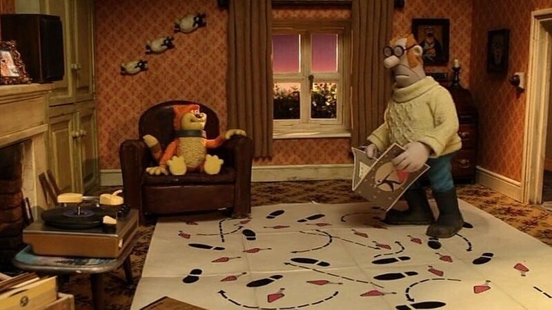 Fußabdrücke auf Papier und laute Musik. Was hat der Farmer vor? – Bild: WDR/​Aardman Animation Ltd./​BBC