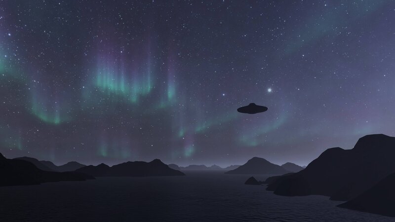 3D-Illustration. UFO über dem Meer und den Bergen. – Bild: The History Channel
