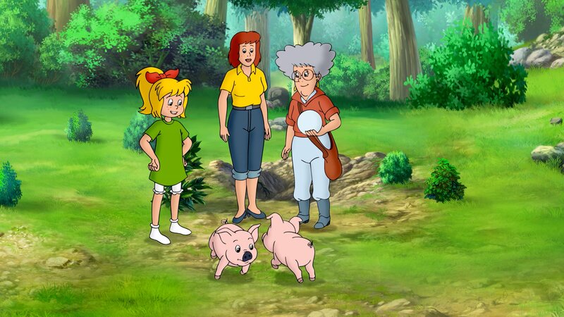 Oma Grete (r.) befreit Barbara (M.) und Bibi (l.), auch die beiden Zwillingsschweinchen freuen sich über ihr Wiedersehen. – Bild: ZDF und Kiddinx Studios