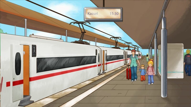 Mama (l.), Conni (r.) und Jakob (r.) am Bahnhof. – Bild: ZDF/​Henning Windelband (Youngfilms GmbH)