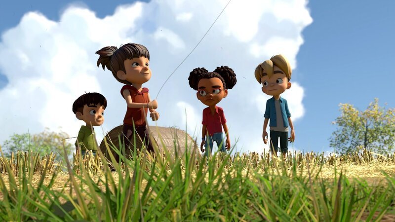Alle Dorfbandenkinder wollen den neuen Drachen von Lina zuerst steigen lassen. – Bild: ZDF und La Station Animation