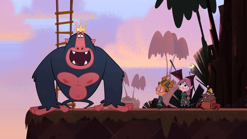 Der Affenkönig ist glücklich. Marcus (l.), Ephi (M.) und Ratrick (r.) haben ihm helfen können. – Bild: ZDF/​Mondo TV France