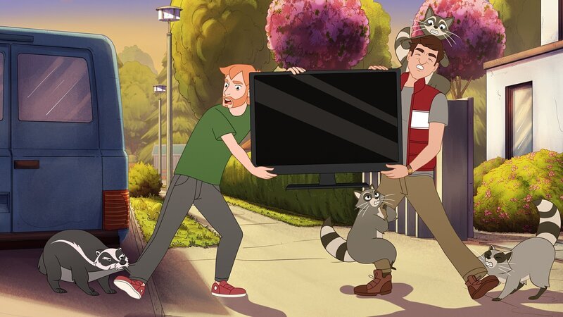 Die drei Waschbären – Stine, Cally und Asta – und Dachs Palle schlagen zu und klammern sich an die beiden vermeintlichen Diebe Müggeldorfs, die gerade drauf und dran sind, ihre Beute einzusacken. – Bild: ZDF/​ Caligari Film