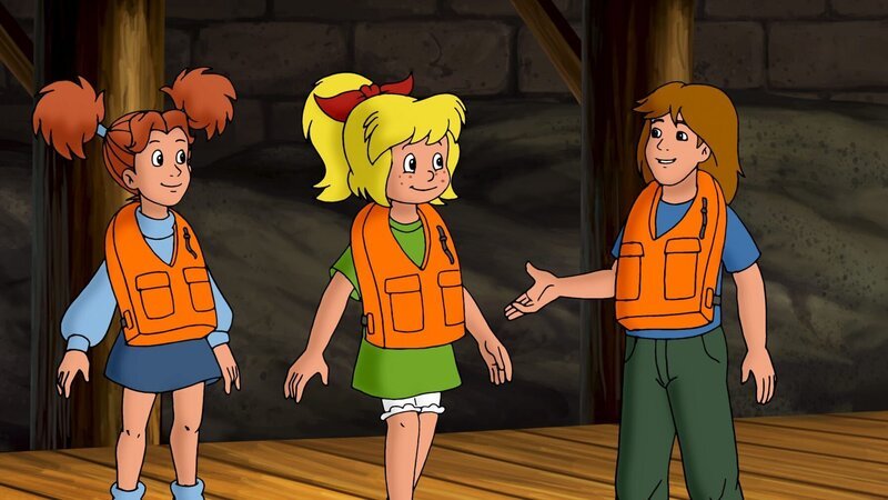 Bibi, Marita und Niki probieren ihre Schwimmwesten aus. – Bild: ZDF und A. Film A/​S und KIDDINX Studios GmbH