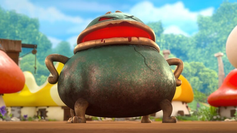 Papa Schlumpfs alter Zauberkessel ist zum Leben erwacht und droht nun, alle Schlümpfe in Gemüse zu verwandeln. – Bild: KiKA/​Peyo Productions, Dupuis Édition & Audiovisuell