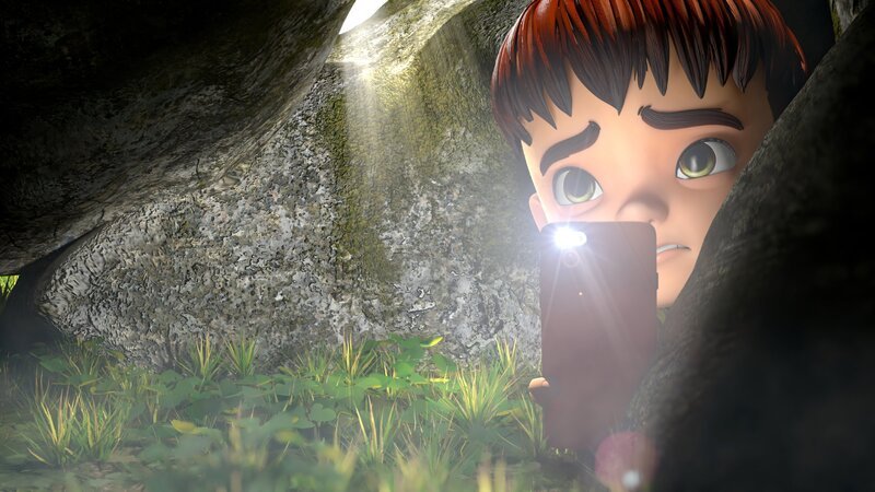 Kleiner Fuß hat wenig Lust in die enge Felshöhle zu krabbeln, um nach dem Schatz des Engländers zu suchen. – Bild: ZDF/​La Station Animation