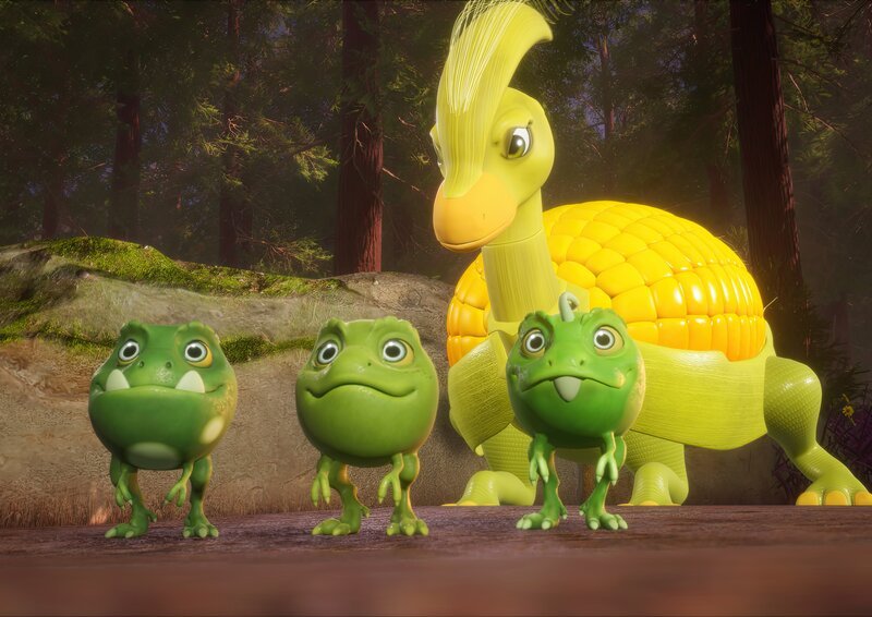 Die Erbs-Rexe sind fest entschlossen, ihrem neuen Freund, dem Kornosaurolofus, zu helfen. – Bild: Cheeky Little Media /​ ZDF