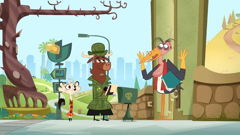 Sherlock Yack und Hermione verhören den Marabu, der Fotos für den Zookalender macht. – Bild: ZDF/​Mondo tv