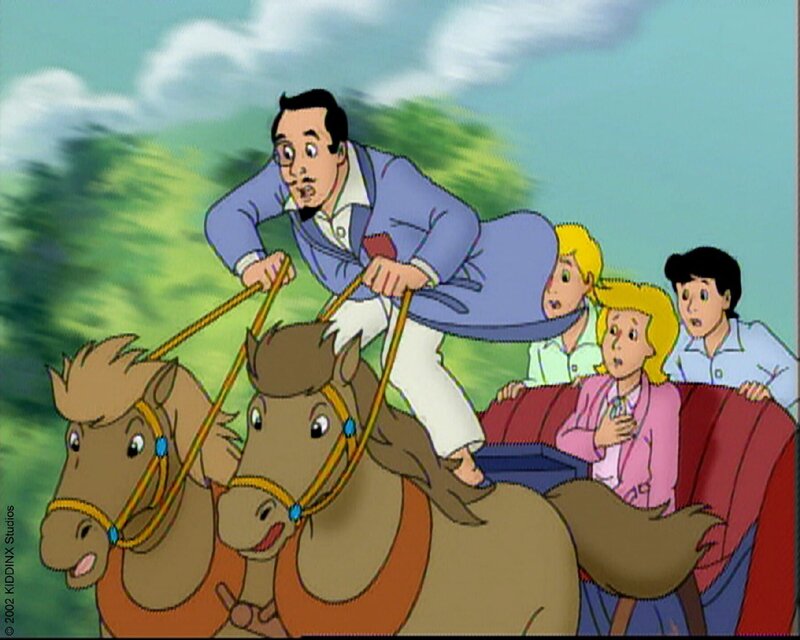 Graf Falkenstein, Frau Martin, Alex und Holger wissen gar nicht wie ihnen geschieht als sie von Bibi zum Reiterhof gehext werden. – Bild: ZDF/​Kiddinx Studios GmbH