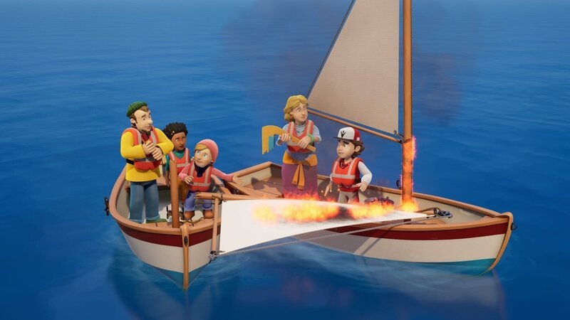 Wie konnte das denn passieren? Beim gemeinsamen Segelausflug passiert ein gefährliches Missgeschick. – Bild: KiKA/​Prism Art & Design Limited