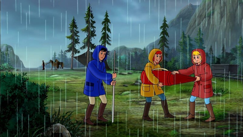 Bibi, Tina und Alex müssen schnell ihr Zelt aufbauen. Dabei bemerken sie nicht, wie die Pferde weggeführt werden. – Bild: ZDF und Kiddinx Berlin