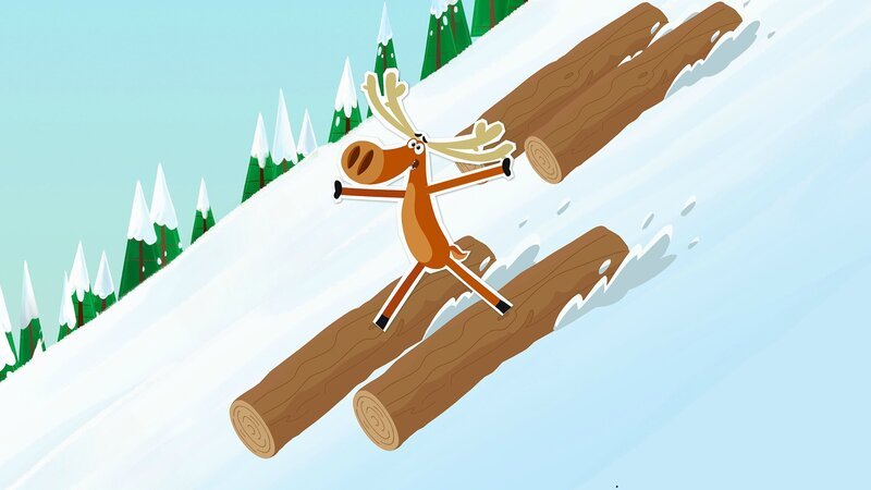 Ein Riesenschneeball ist in einen Holzstapel hineingerollt, und die einzelnen Stämme rutschen nun mit vollem Tempo hinter Hubert her. Aber der weiß sich zu helfen. – Bild: ZDF/​JEP Animation