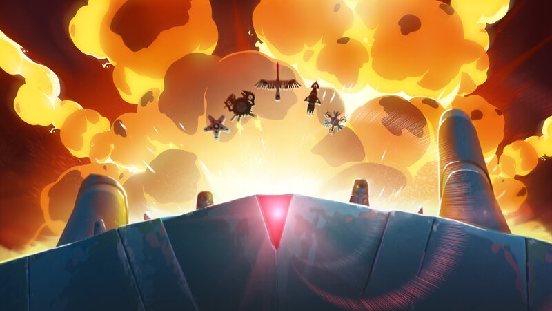 Die Teams arbeiten zusammen, um gegen Gavinda und ihre Titan-Krabbe zu kämpfen: (V.l.) Drohne der Starfish, Drohne der Pirates, Drohne der Tao twins, Drohne der Sirens und Drohne der Bees – Bild: WDR/​2021 Cyber Group Studios