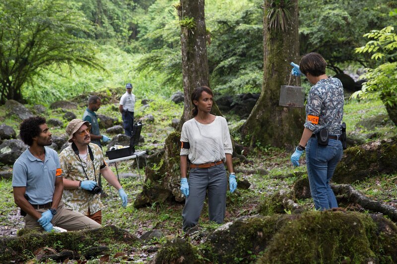 Das Ermittlerteam Aurélien Charlery (Julien Beramis, l.), Philippe Dorian (Valentin Papoudof, 2.v.l.), Mélissa Sainte-Rose (Sonia Rolland, M.) und Gaëlle Crivelli (Beatrice de la Boulaye, r.) findet in der Nähe einer Frauenleiche im Wald einen kleinen Käfig. Darin ist eine Spinne gefangen. – Bild: Matthieu Guitteaud /​ FTV /​ ZDF