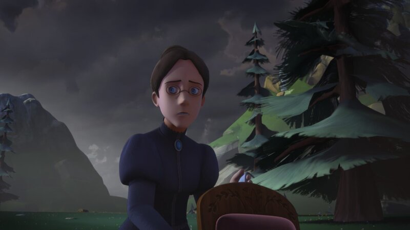 Fräulein Rottenmeier ist alleine in den Bergen, als ein Unwetter aufzieht. – Bild: ZDF und Studio 100 Animation/​Heidi Productions Pty. Limited