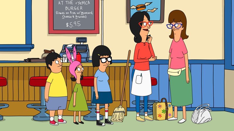 Lindas Schwester Gayle (r.) kommt unerwartet vorbei und möchte die ersten Tage ihrer „Eat Pray Love“-Tour um die Welt bei Linda (2.v.r.), Bob, Louise (2.v.l.), Gene (l.) und Tina (M.) verbringen … – Bild: ViacomCBS /​ FOX /​ 2012 FOX BROADCASTING /​ TCFFC ALL RIGHTS RESERVED.