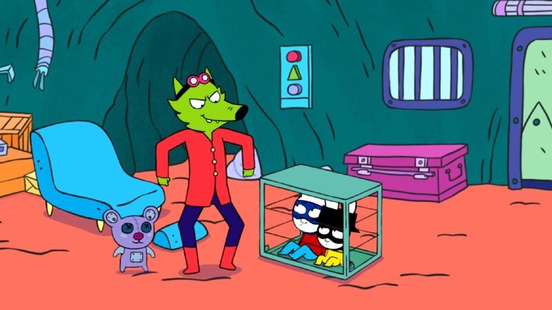 Professor Wolf (2.v.l.) und Mega-Mini (l.) haben Superhase (2.v.r.) und Captain Hase (r.) gefangen genommen. – Bild: ZDF und GO-N Productions