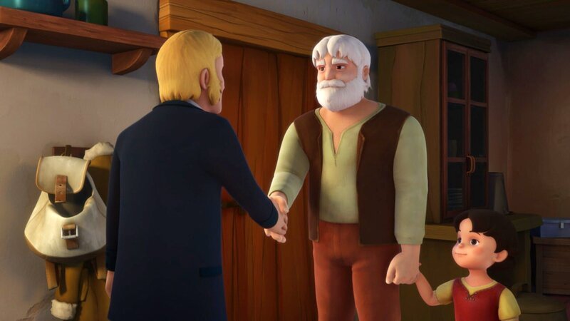 Herr Sesemann lernt Heidis Großvater kennen. – Bild: ZDF/​Studio 100 Animation/​Heidi Productions Pty. Limited