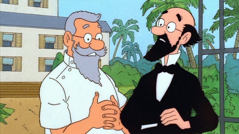 Der Direktor der psychiatrischen Klinik (l.) versichert dem verrückt gewordenen Professor Siclone (r.), dass sein Freund Tim in guten Händen sei. Unwissentlich erkennt der Professor jedoch nicht die finsteren Absichten des Direktors. – Bild: ZDF und Ellipsanime/​France 3/​M6/​Nelvana