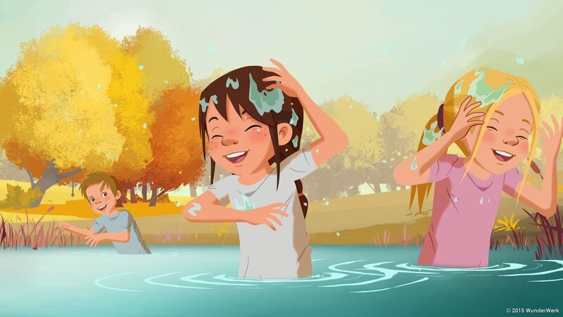 Die Kinder liefern sich eine Wasserschlacht. – Bild: ZDF und WunderWerk GmbH