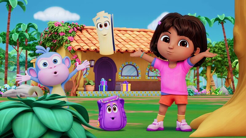 L-R: Asher Colton Spence as the voice of Boots, Anairis Quinones as the voice of Map, Katarina Sky as the voice of Backpack and Diana Zermeño as the voice of Dora in DORA Streaming Paramount+. Photo Credit: Paramount+ ©2024 Viacom International Inc. All Rights Reserved. Nickelodeon, Dora and all related titles, logos and characters are trademarks of Viacom International Inc. – Bild: ORF/​Paramount/​Viacom International