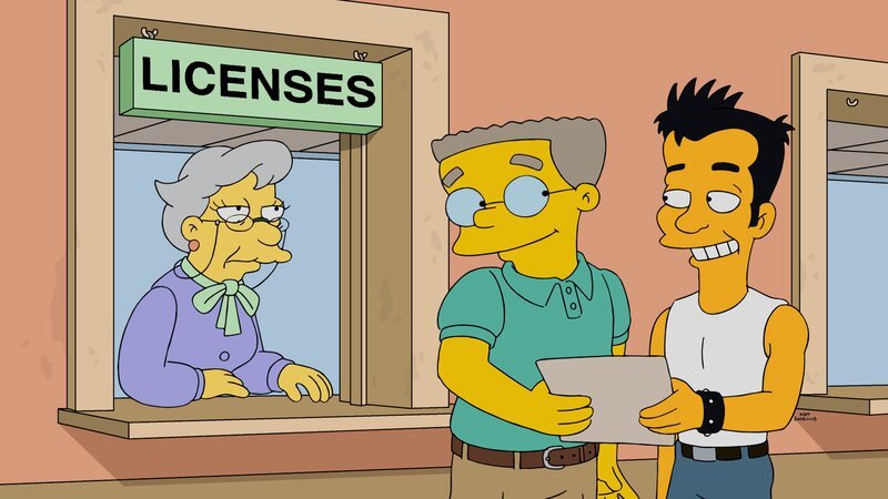 Da sich Smithers (M.) über Mr. Burns’ fehlender Zuneigung ihm gegenüber aufregt, versucht Homer alles, um für Smithers endlich einen Freund zu finden. Dies gelingt ihm auch. Doch haben Julio (r.) und dieser wirklich eine gemeinsam Zukunft vor sich? – Bild: Fox