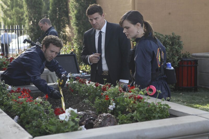 (v.l.n.r.) Hodgins (TJ Thyne); Brennan (Emily Deschanel); Booth (David Boreanaz) – Bild: Ray Mickshaw