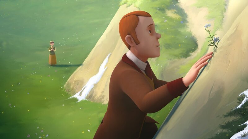 Unter der Beobachtung von Dete, ist Sebastian auf einen Berg geklettert und hat ein Edelweiß gefunden. – Bild: ZDF/​Studio 100 Animation/​Heidi Productions Pty. Limited