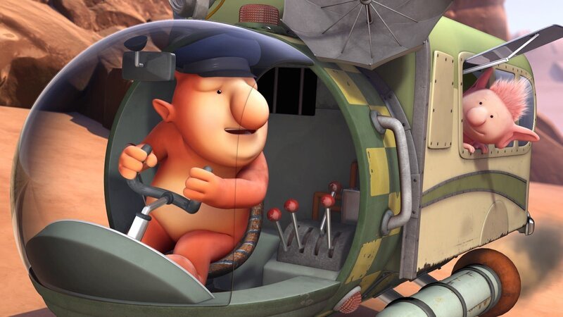 Groobie hat sein Raumschiff zu einem fliegenden Reisebus umgebaut. Oopsy macht mit bei seiner Rundreise. – Bild: KiKA/​Snapper Productions/​Q Pootle 5 LTD