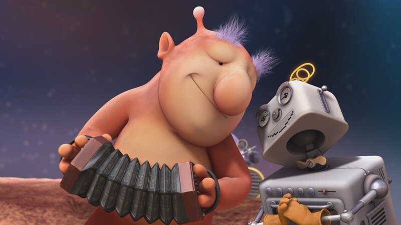 Die Freunde sind vor dem Asteroiden auf einen anderen Planeten geflüchtet und vertreiben sich dort die Zeit. Groobie und Bud-D musizieren. – Bild: KiKA/​Snapper Productions/​Q Pootle 5 LTD