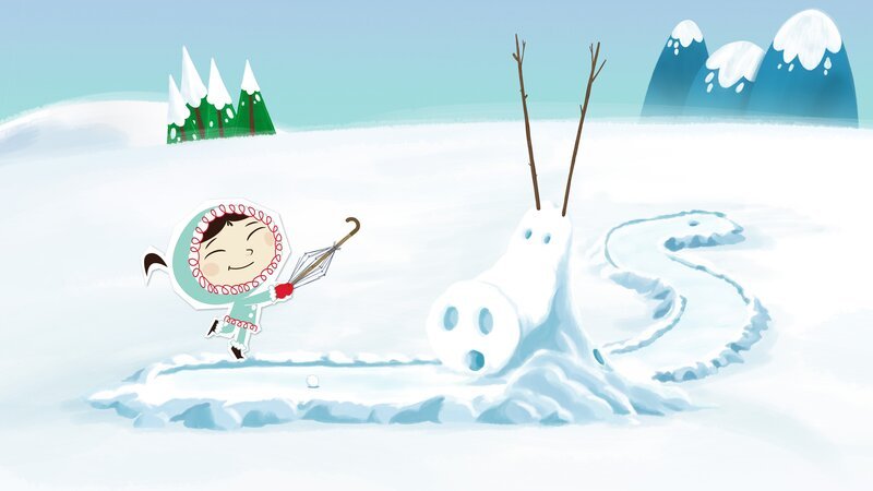 Nach dem Gewitter haben die Hagelkörner die Landschaft neu gestaltet. Inui hat das ausgenutzt, um sich eine Minigolfbahn zu bauen. – Bild: ZDF/​JEP Animation