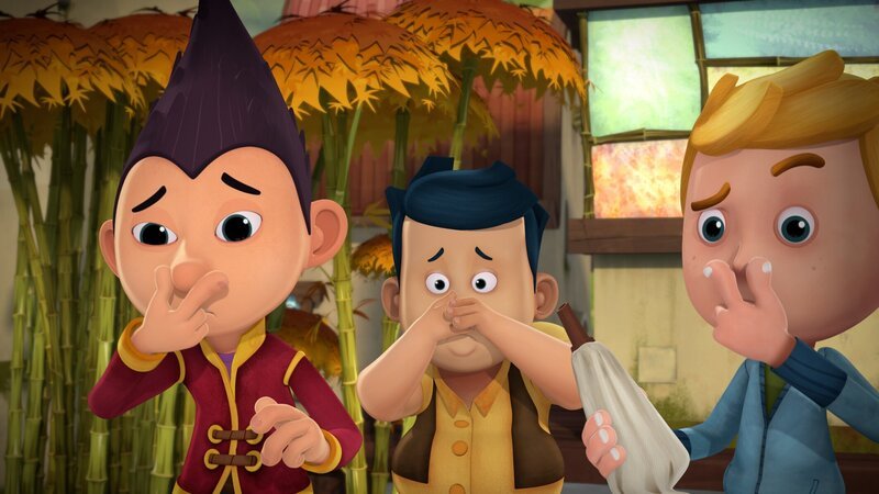 Tashi, Ah Chu und Jack fragen sich, was hier stinkt. – Bild: KiKA/​Flying Bark Productions Pty Ltd.