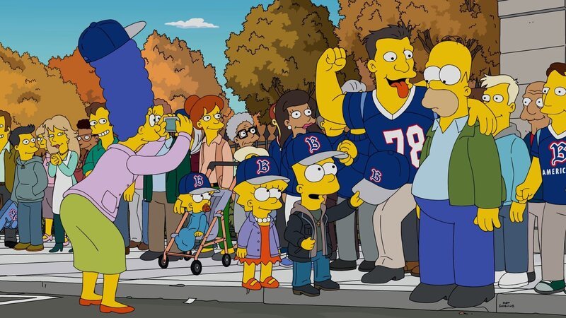 Dass seine Familie(v.l.n.r.) Marge, Maggie, Lisa und Bart wirklich die Springfield Rivalen Boston Americans anfeuert, setzt Homer (r.) unter Schock. Da hilft nur eins: der Familie zeigen, wie furchtbar die Stadt Boston wirklich ist … – Bild: Fox and its related entities.