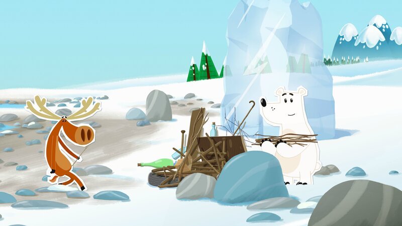 Grumpel und Hubert wollen eine Eisfigur für die Waldame Wiebke machen. Damit sie das Werk nicht zu früh sieht, sammeln sie am Strand Material für einen Vorhang. – Bild: ZDF/​JEP Animation