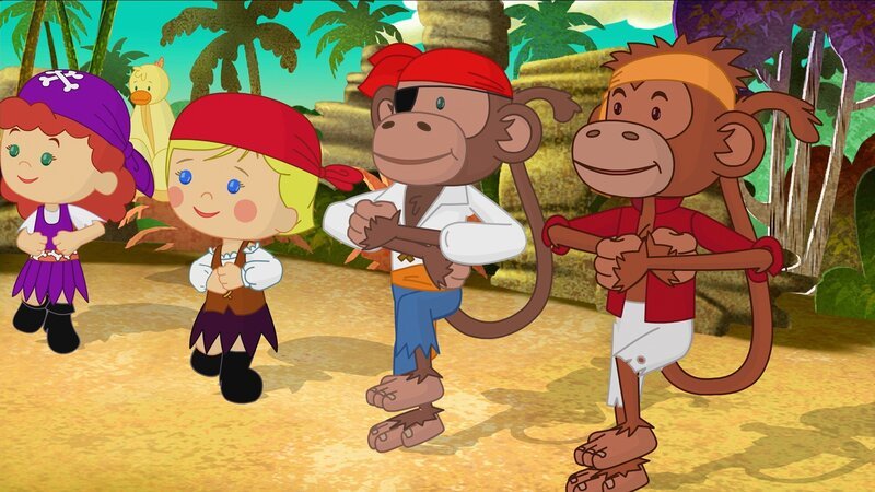 Tanja, QuackQuack und Zoé tanzen gemeinsam mit ihren neuen Freunden – den Affenpiraten. – Bild: KiKA