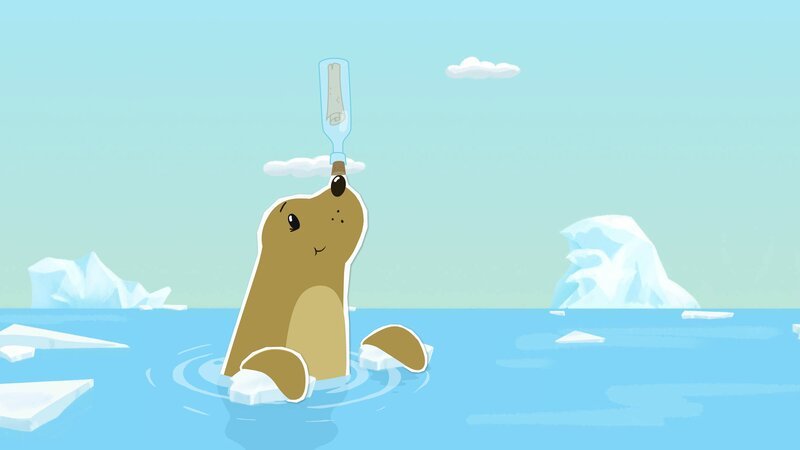 Sascha nimmt die Aufgabe, die Flaschenpost so weit wie möglich ins Meer zu befördern, nicht sehr ernst. Er jongliert lieber damit herum. – Bild: ZDF/​JEP Animation