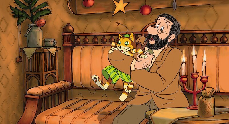 Findus will dem Weihnachtsmann entgegen laufen, aber Pettersson hält ihn zurück. – Bild: ZDF/​Anders Sörensen