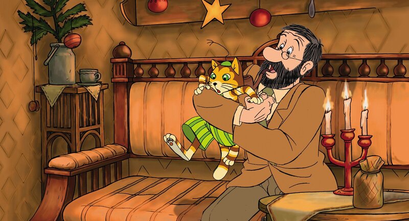 Findus will dem Weihnachtsmann entgegen laufen, aber Pettersson hält ihn zurück. – Bild: ZDF/​Anders Sörensen