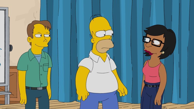 Homer (M.) hat bei einer Rede im Kernkraftwerk versagt und nun eine Phobie, vor Publikum zu sprechen. Um ihn aufzuheitern, nimmt Marge ihn in Improvisations-Comedy-Club mit. Daraufhin möchte Homer dies lernen. Doch wird das gut gehen? – Bild: Fox