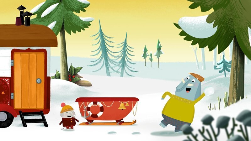 Das Rutschvergnügen endet für Opa Günter und Charlie in einer wilden Schneeballschlacht. – Bild: rbb/​ahoifilm