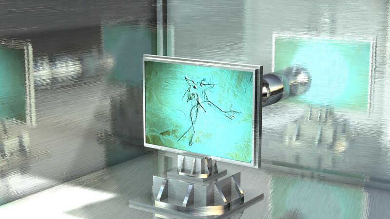 A synchroton light beam scans the fossil of an Archaeopteryx, the earliest and most primitive known bird species. – Bild: PixelDust Studios /​ NGC