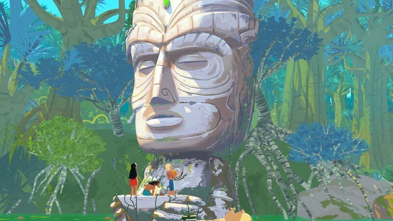 Timeti (v.l.), Auru und Yann betrachten die Steinbüste vor sich und rätseln, wie sie sich Zutritt zu ihrem Inneren verschaffen können. – Bild: ZDF/​Media Valley/​Marzipan Films