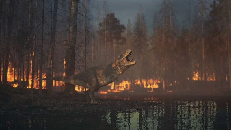 Schicksalsplanet-Katastrophen der Erdgeschichte Staffel1 EP Episode 4 Ein T-Rex steht vor einem Fluss und setzt einen Schrei ab. Die Auswirkungen des Einschlags eines riesigen Asteroiden auf die Erde sind verheerend: Mega-Tsunamis, Erdbeben und Waldbrände, die tausende Kilometer weiter zu spüren sind. Könnte der Asteroid der Auslöser für das Sterben der Dinosaurier sein? – Bild: THE HISTORY CHANNEL /​ ZDF Digital