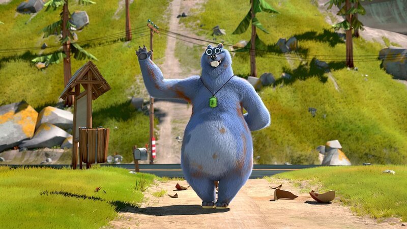 Ablenkung ist alles! Grizzy versucht mit allen Mitteln, sowohl den frisch geschlüpften Dino als auch die Lemminge aus seiner Rangerhütte zu befördern.  +++ – Bild: Studio Hari S.A.R.L. /​ Der Eisbär