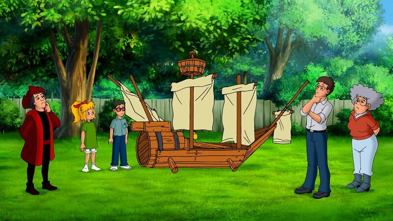 Die Blocksbergs überlegen, ob man das Schiff auch benutzen kann. – Bild: ZDF/​A. Film A/​S und KIDDINX Studios GmbH