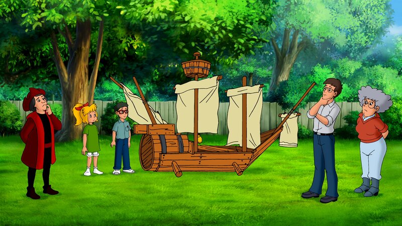 Die Blocksbergs überlegen, ob man das Schiff auch benutzen kann. – Bild: ZDF/​A. Film A/​S und KIDDINX Studios GmbH