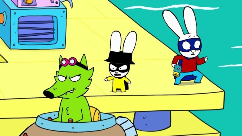 Professor Wolf (l.) will sich mit seinem U-Boot aus dem Staub machen und vor Captain Hase (M.) und Superhase (r.) entkommen. – Bild: ZDF und GO-N Productions