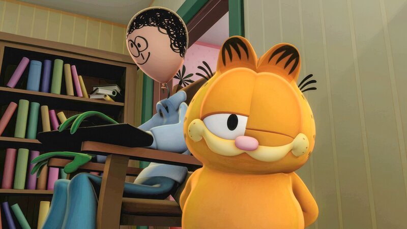 Odie ist so unglücklich darüber, dass Jon nicht Zuhause ist, dass Garfield ihm mit Hilfe eines Luftballons einen Ersatz-Jon gebastelt hat. – Bild: ORF/​Mediatoon/​Dargaud Media/​Paws Inc.
