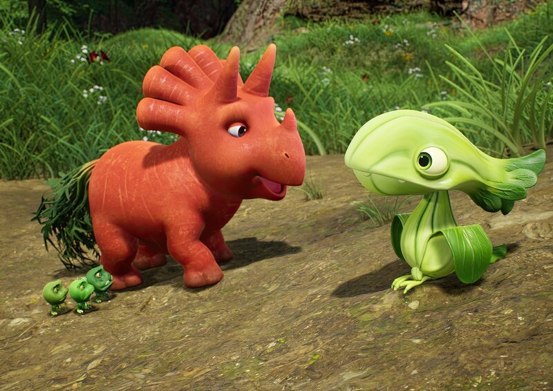 Ginger und ihre Erbsen-Freunde wollen dem Pakchoidactylus-Baby das Fliegen beibringen. – Bild: ZDF und Cheeky Little Media