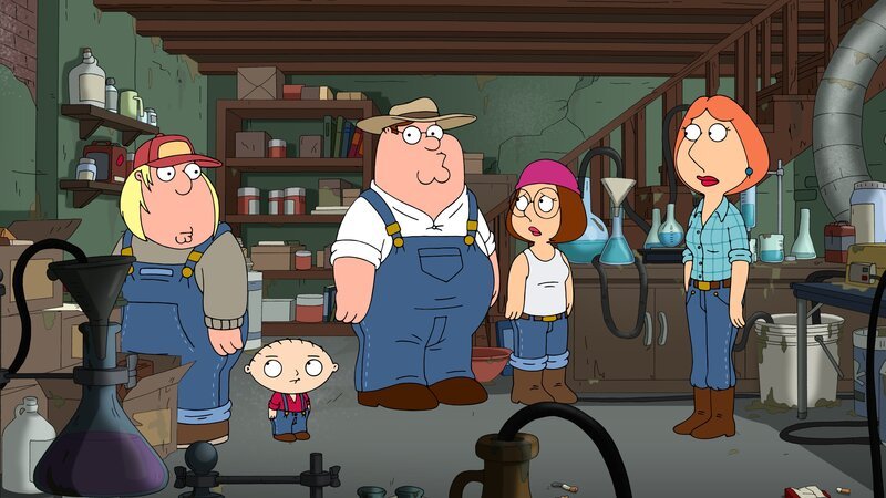 Die Verbrechensquote steigt in Quahog täglich, und die Stadt wird immer krimineller, deshalb flüchten Chris (l.), Lois (r.), Megan (2.v.r.), Peter (M.) und Stewie (2.v.l.) aufs Land und werden Farmer. Doch leider haben sie keine Ahnung davon … – Bild: Twentieth Century Fox Film Corporation